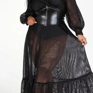 Black Sheer Plus Size Maxi Dress with Faux Leather Belt